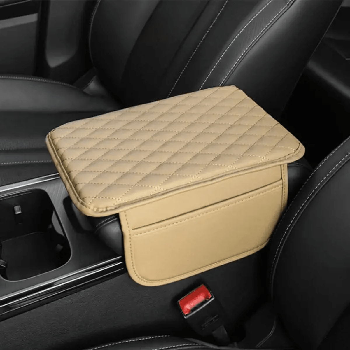 Leather Car Armrest Box Heightening Pad With Side Storage Bag, Car Armrest Box Cushion With Storage Pocket